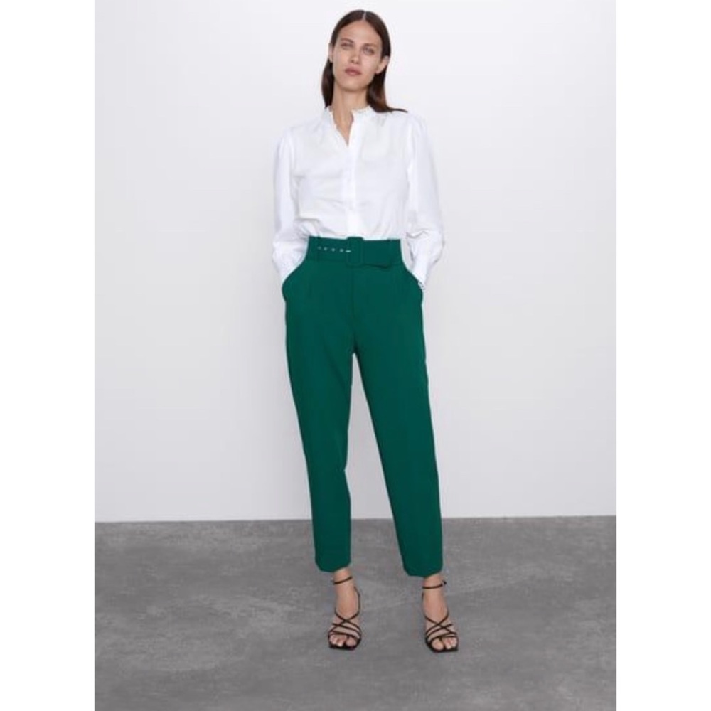 Green Zara High Waisted Belted Trousers